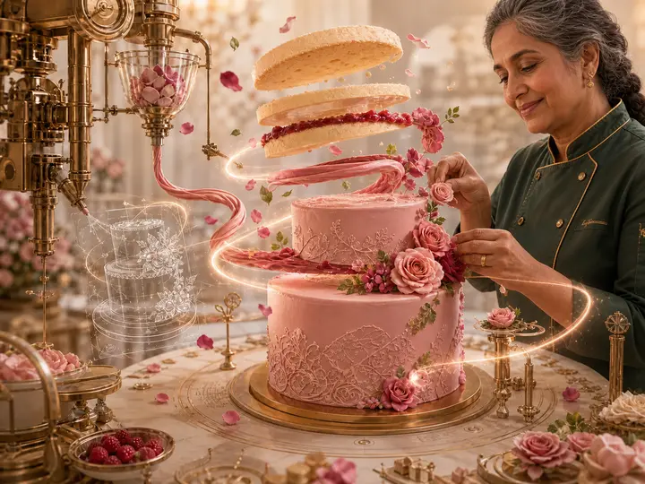 A baker adds sugar roses as cake layers float into place in a magical brass bakery.