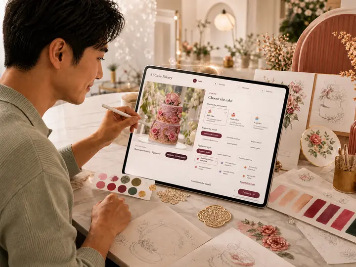 A man designs a pink rose cake on a tablet in a sunlit creative studio.