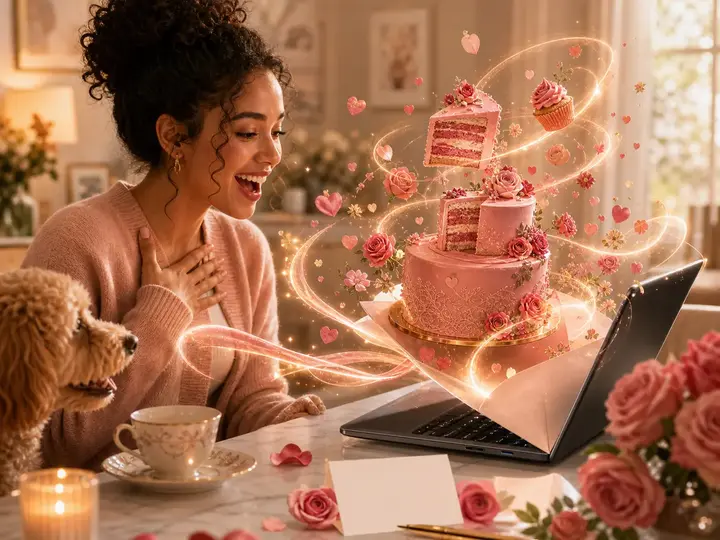 A delighted woman opens a digital cake greeting on her laptop with her dog beside her.